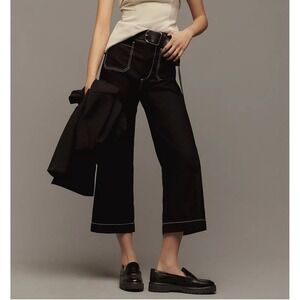 Anthropologie Maeve Colette Black Wide Leg Cropped Pants Contrast Stitch - 26